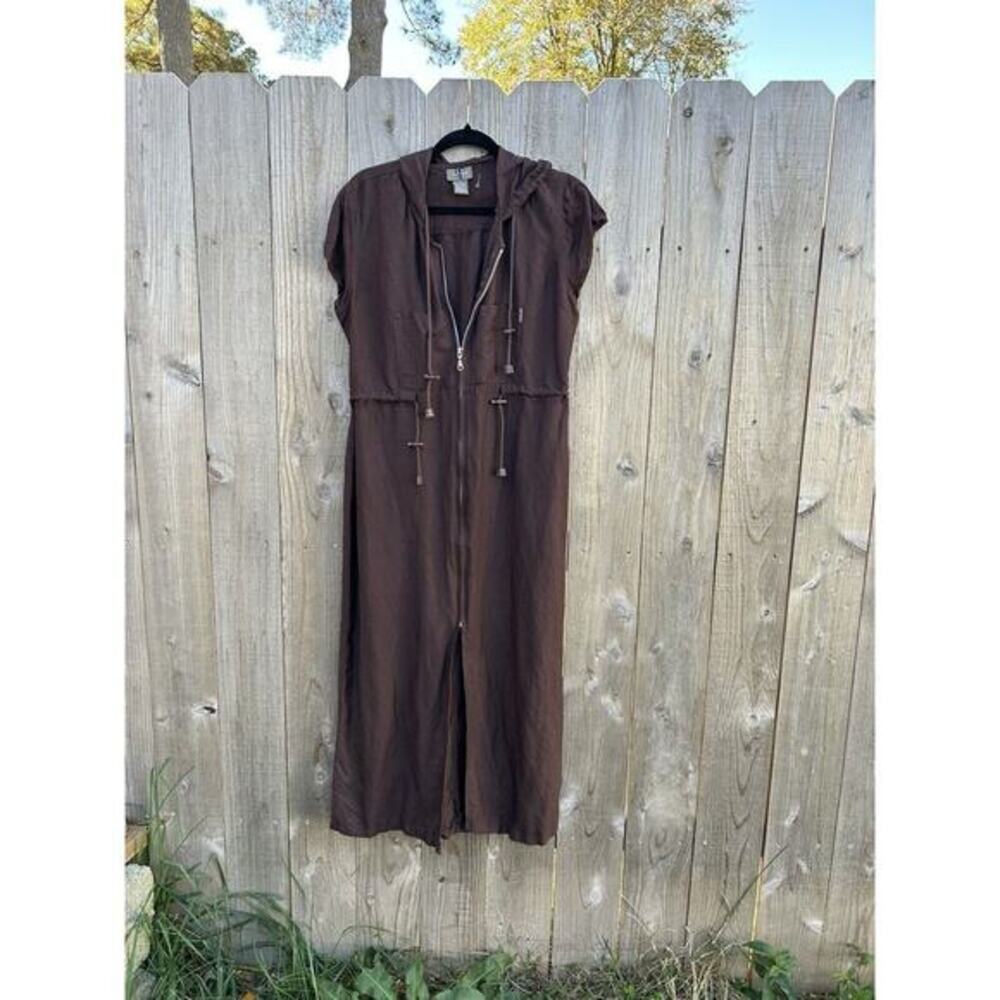 SHERRY TAYLOR Brown Ramie Rayon belt Slit Zip Hooded Dress‎ Size Large Fall